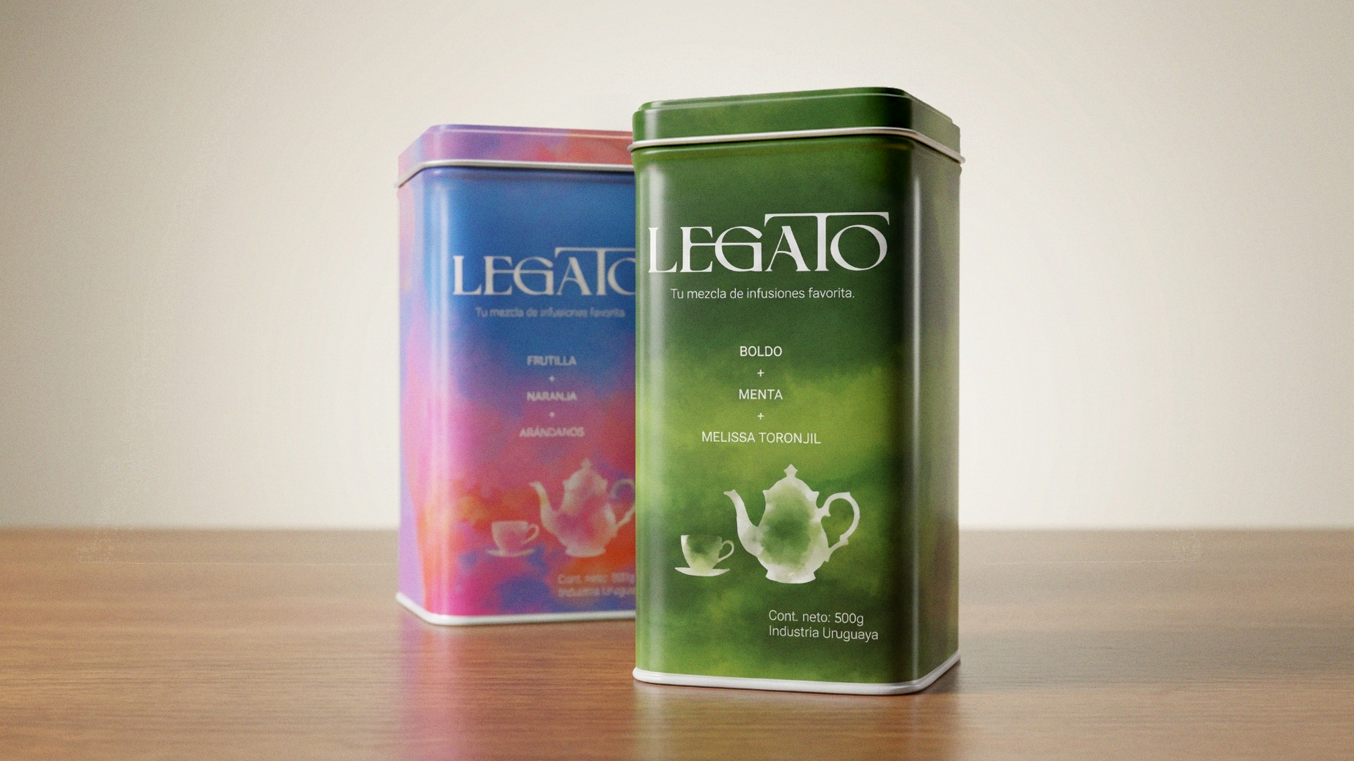 Legato loose-leaf tea packaging design with bold color identity