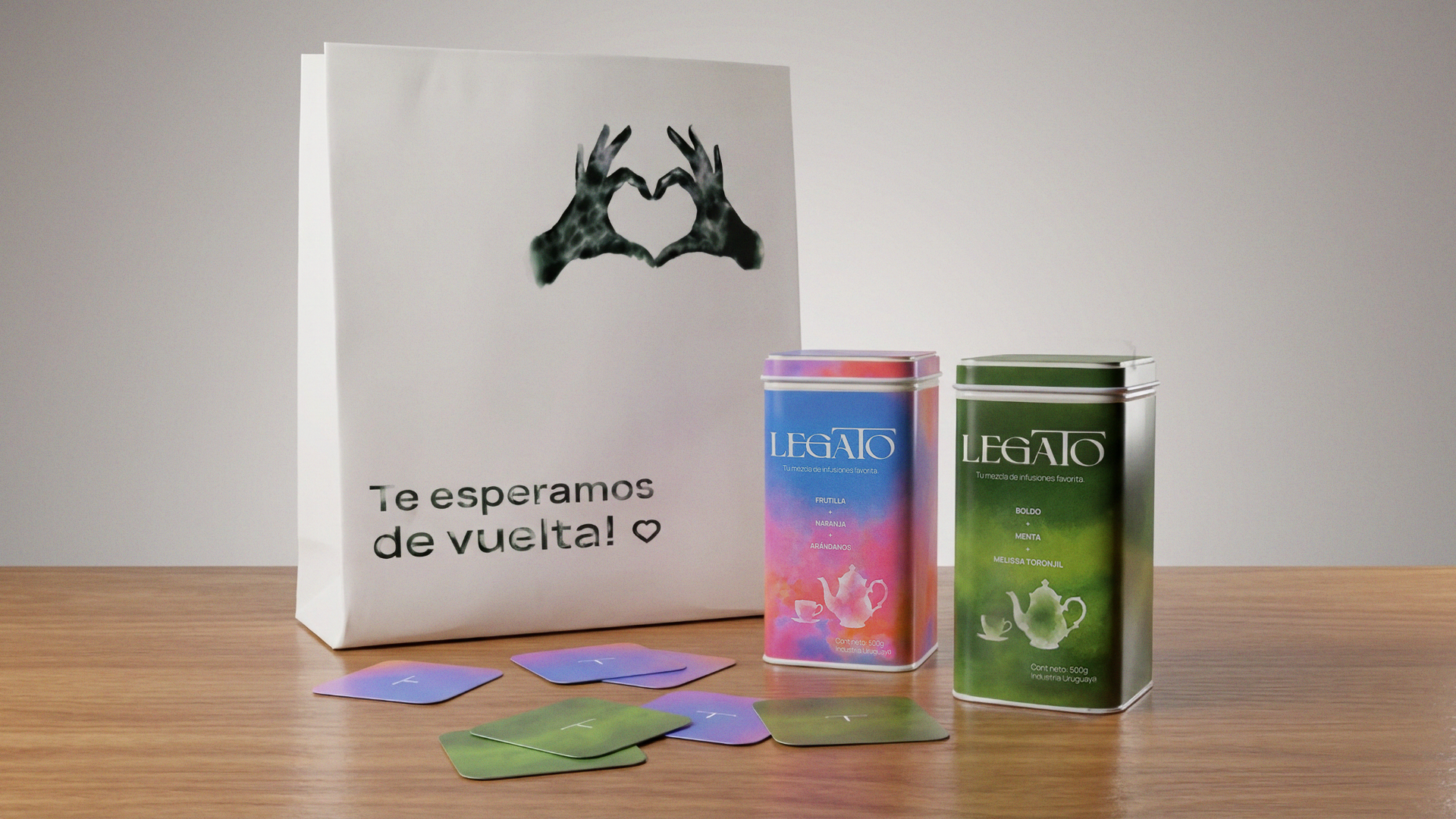 Legato tea product visuals and branding applications